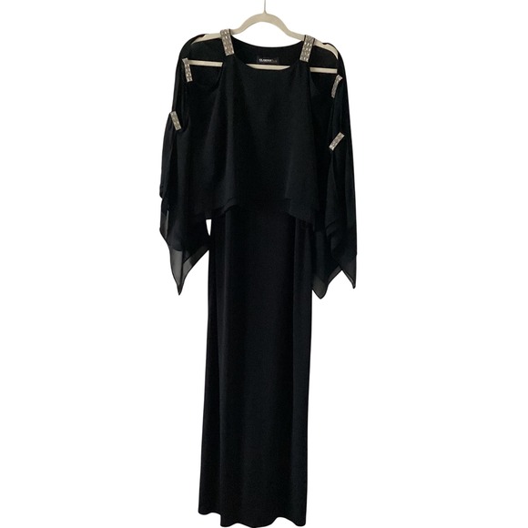 Glamour Nights Black Evening Gown Rhinestone Strap Cape Sleeve Formal Dress 8 - Picture 1 of 7